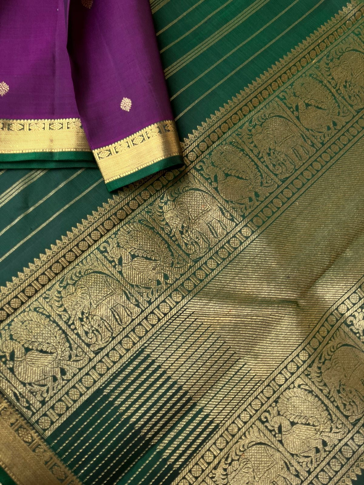 Swarnam - Stunning Small Border Kanchivarams - deep dark brinjal purple and Meenakshi green