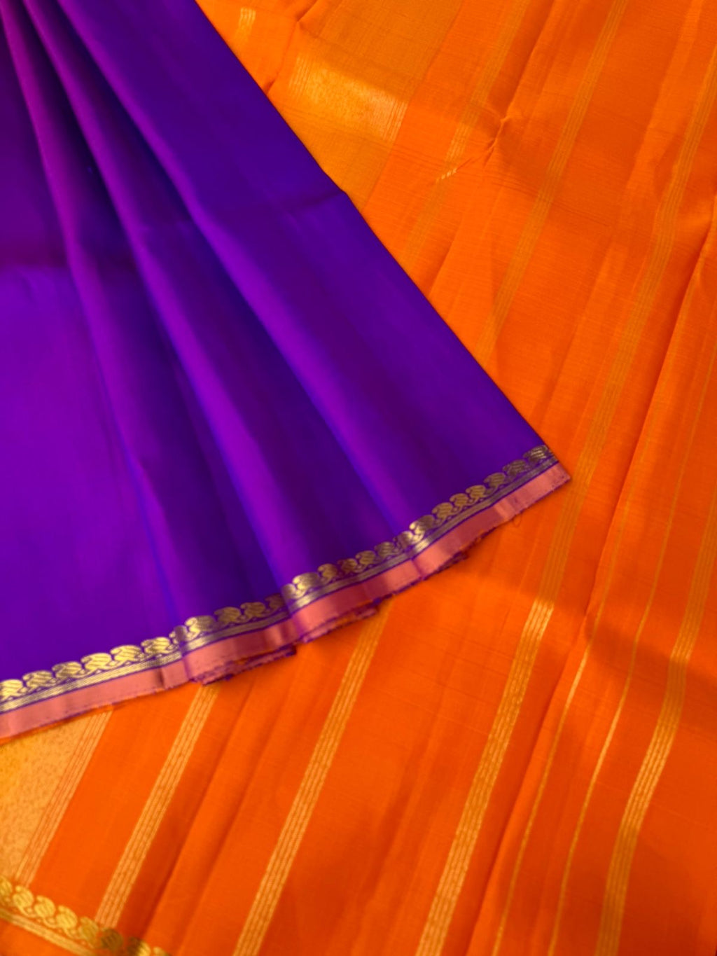 Shree - Stunning Small Border Kanchivarams - violet and orange with smallest paisley borders