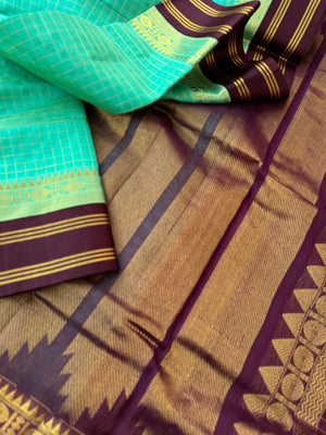 Korvai Silk Cotton - aqua and coffee bean brown