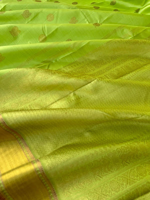 Pastel Ragas on Kanchivaram - pastel apple green Vairaoosi with Mayil chackaram woven buttas