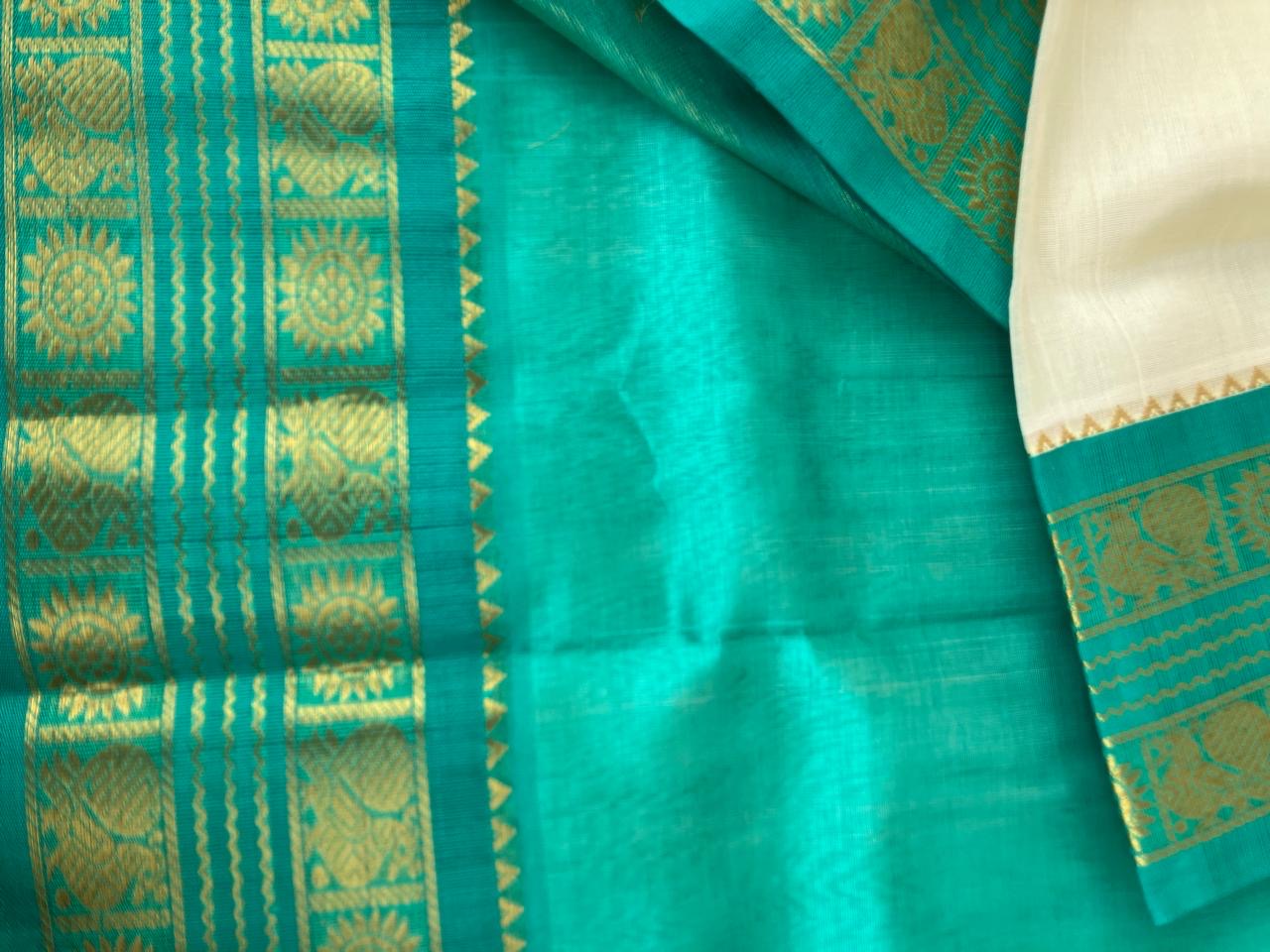 Korvai Silk Cotton - off white and teal