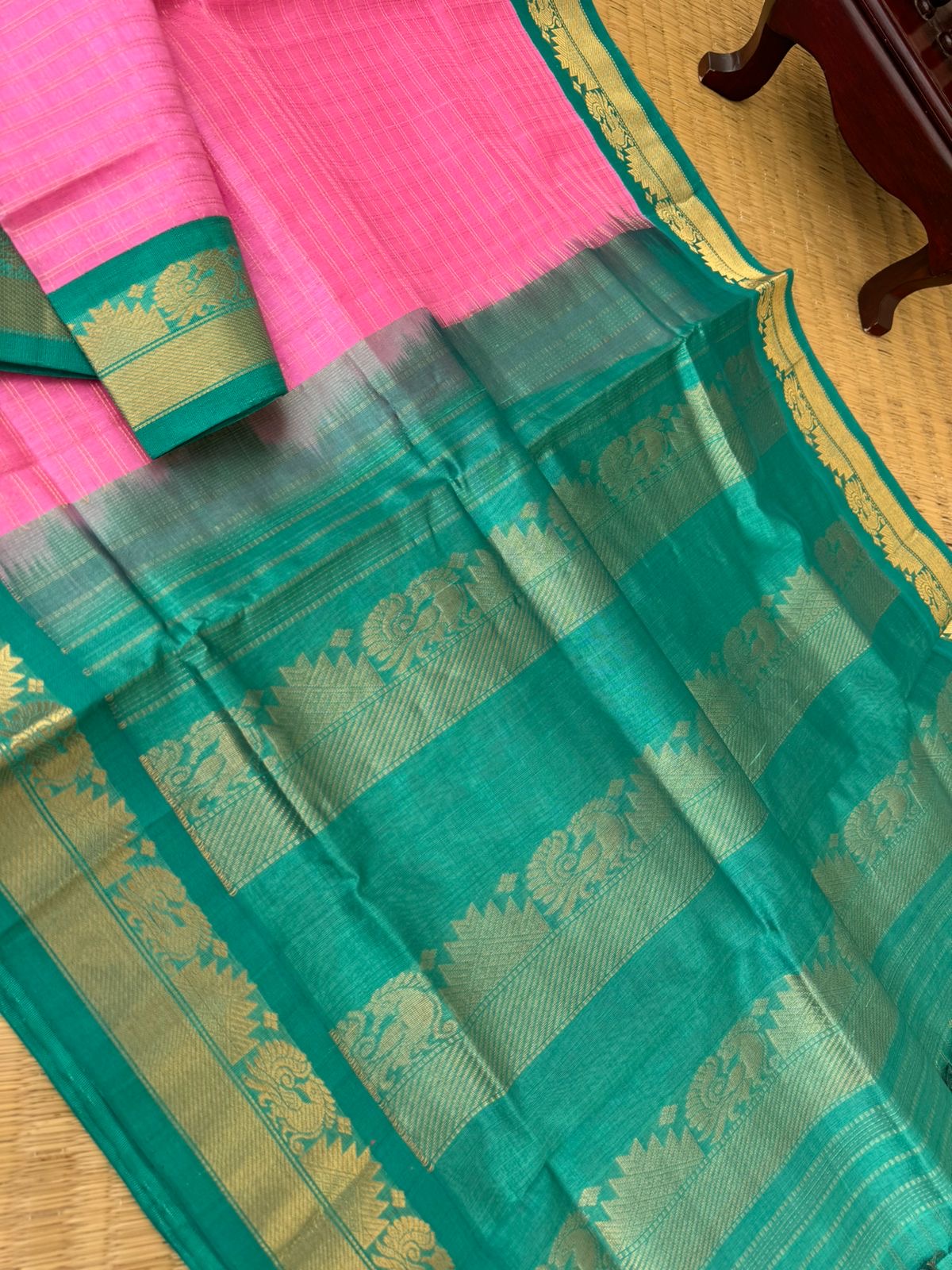 Kattams on Korvai Silk Cotton - bubble gum pink and teal