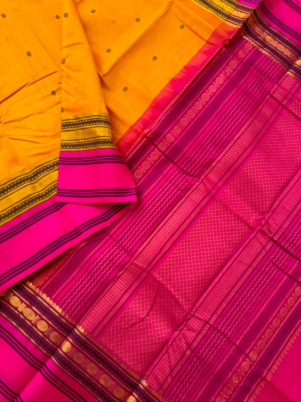 Divyam - Korvai Silk Cotton with Pure Silk Woven Borders - mustard and pink