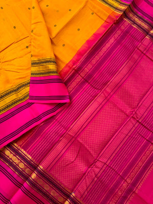 Divyam - Korvai Silk Cotton with Pure Silk Woven Borders - mustard and pink