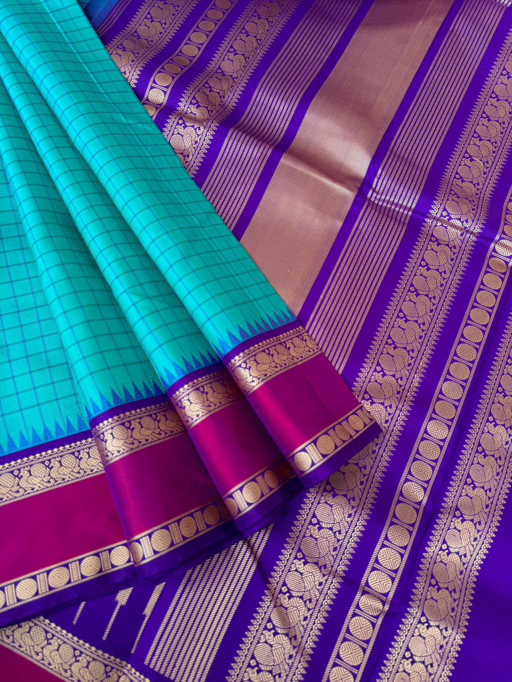 Sahasram - teal and violet with retta pett woven borders with kattam woven body