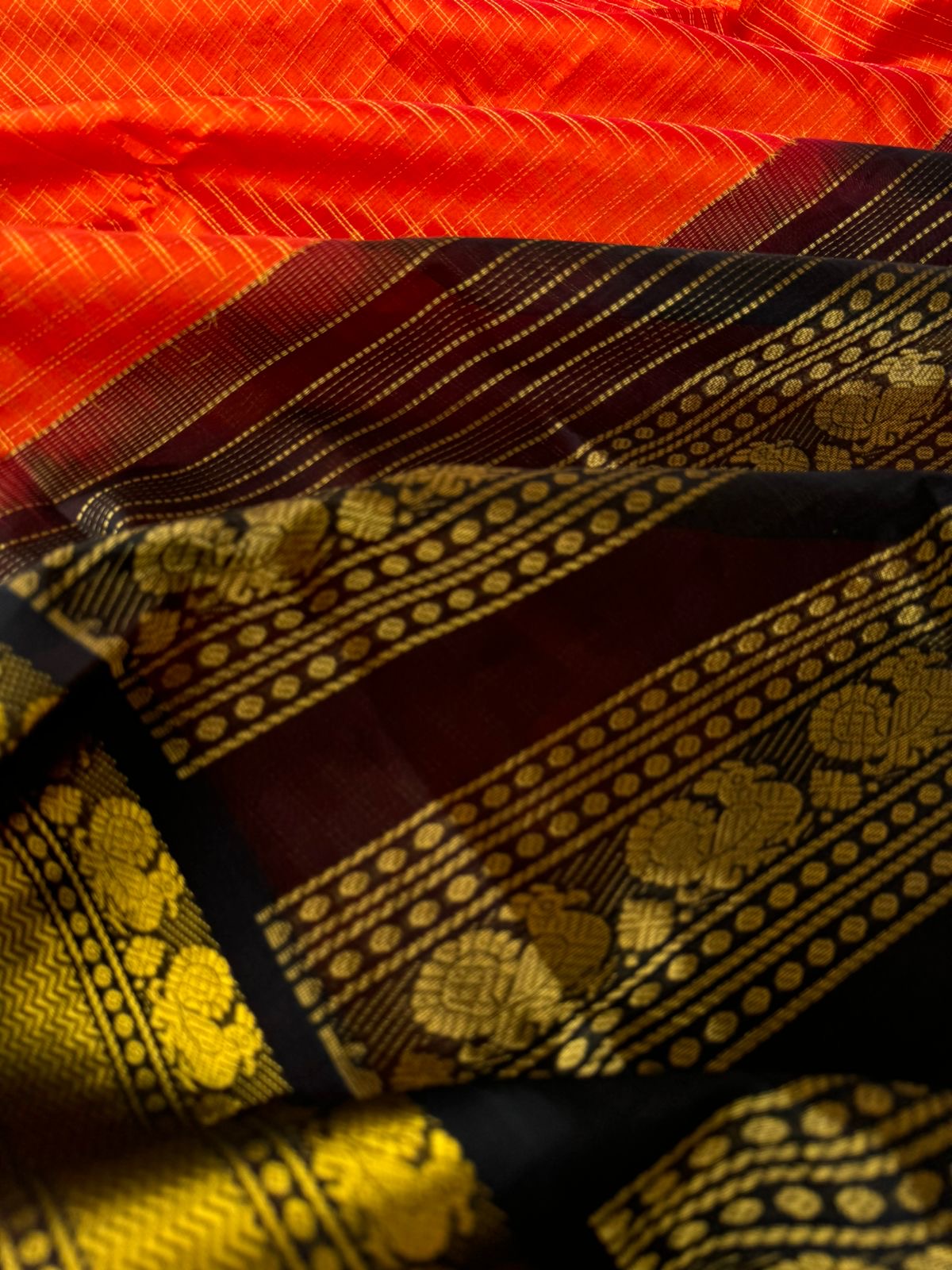 Kattams on Korvai Silk Cotton - burnt orange and black