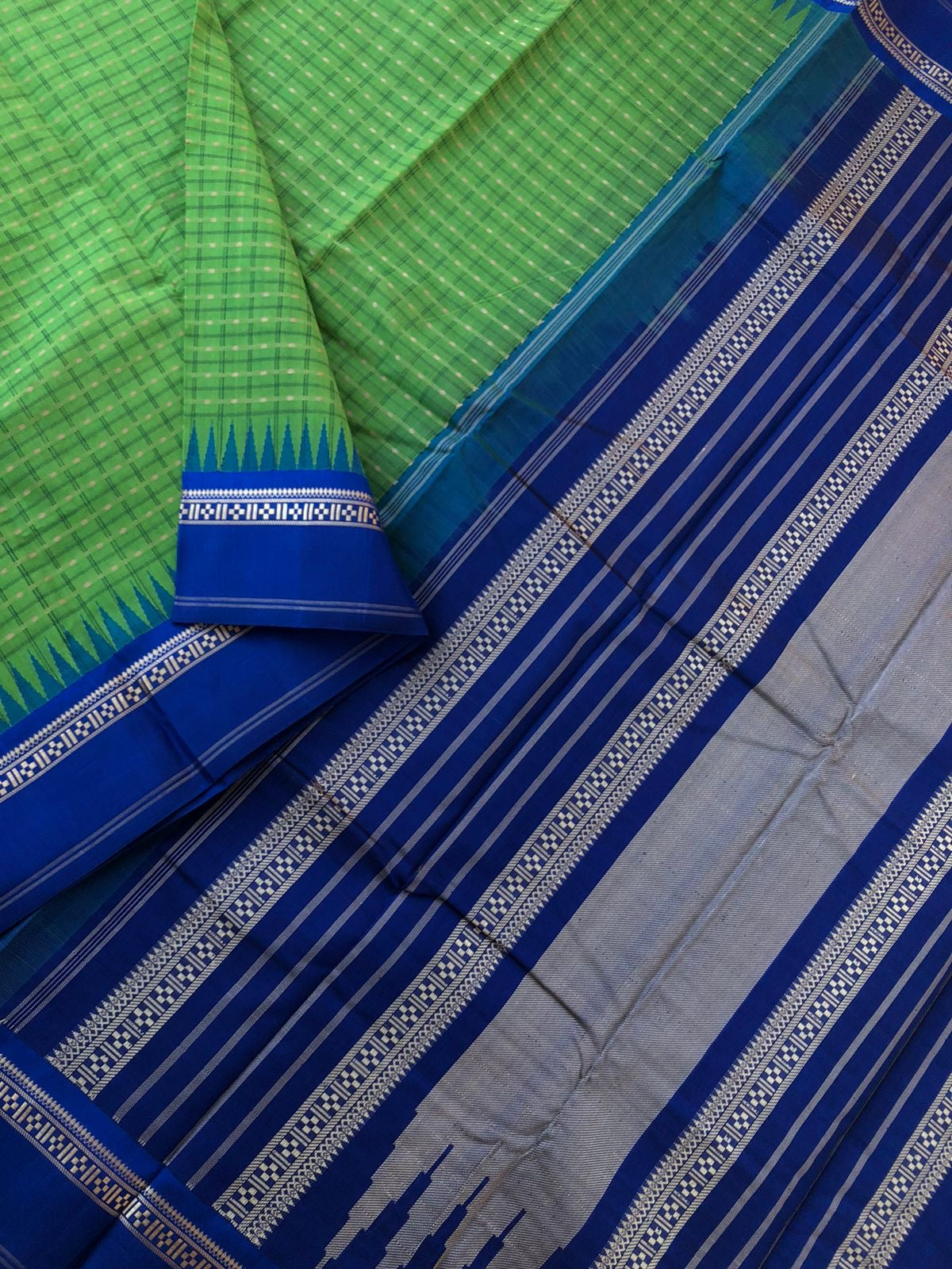 Mira - Our Exclusive Cotton body with Pure Silk Korvai Borders - parrot green and ms blue Lakshadeepam