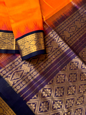 Korvai Silk Cotton - sun set orange and navy blue