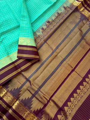 Korvai Silk Cotton - aqua and coffee bean brown