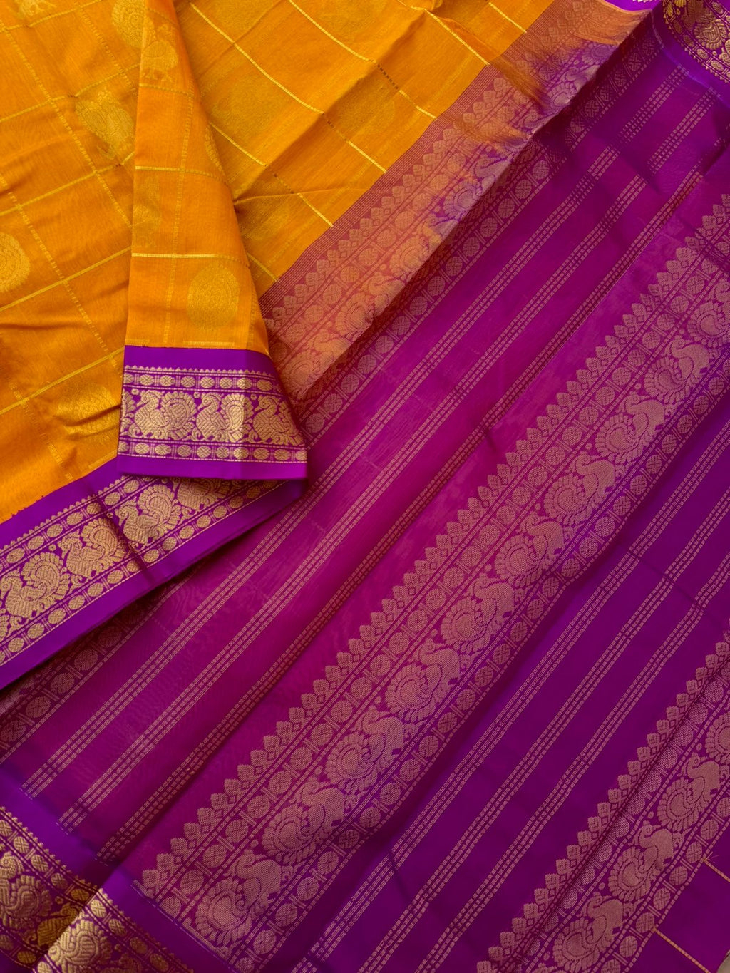 Korvai Silk Cotton - mango mustard and pink mayil chackaram