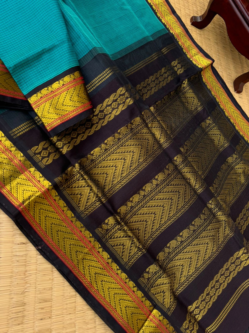 Kattams on Korvai Silk Cotton - deep teal and black