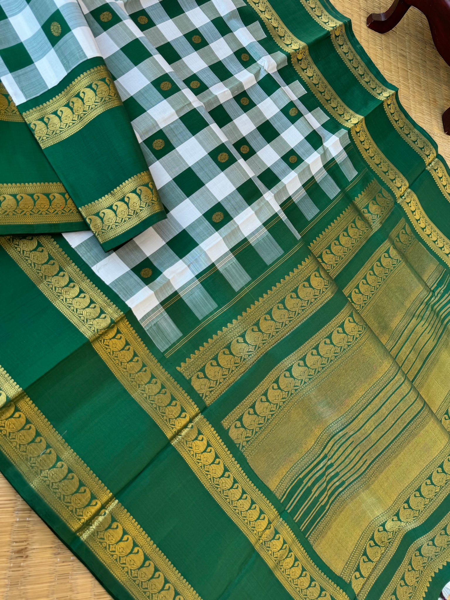 Statement of Kanchivaram - KK4 - one of a kind off white and green kattam with woven buttas vintage Korvai Kanchivaram with retta pett paisley woven borders