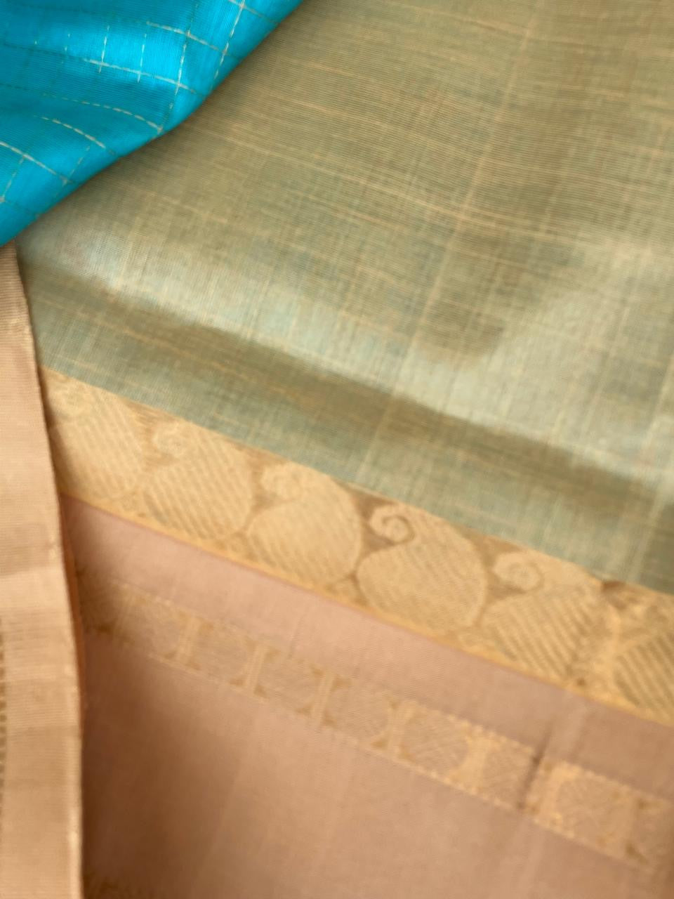 Korvai Silk Cotton - turquoise blue and cream