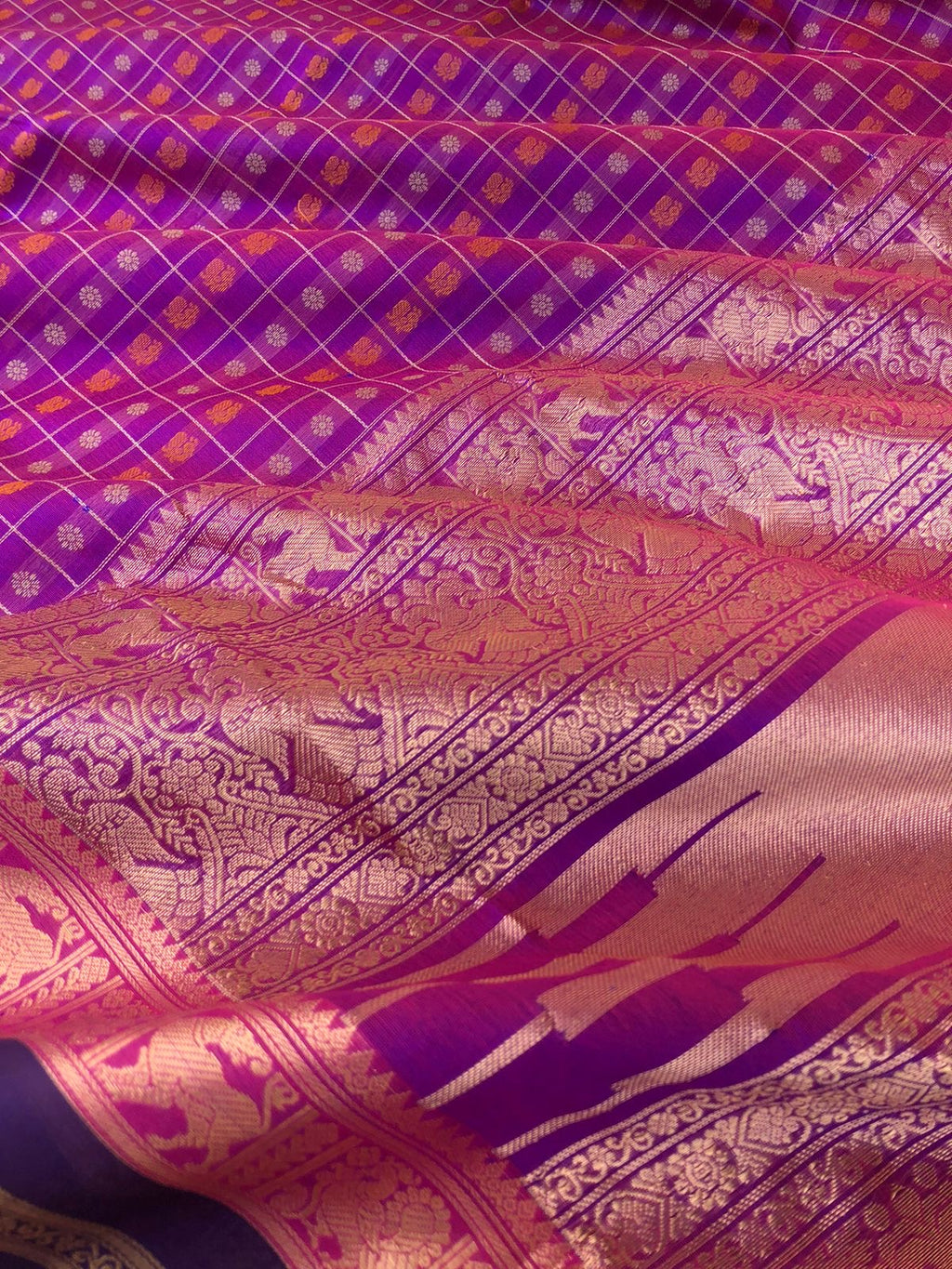 Woven Motifs Silk Cotton - dual tone effects of purple short red miniature 1000 buttas