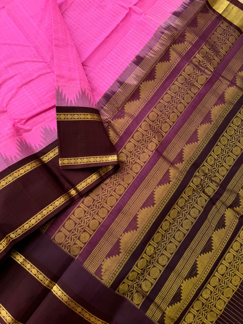 Kattams on Korvai Silk Cotton - rose pink and coffee bean