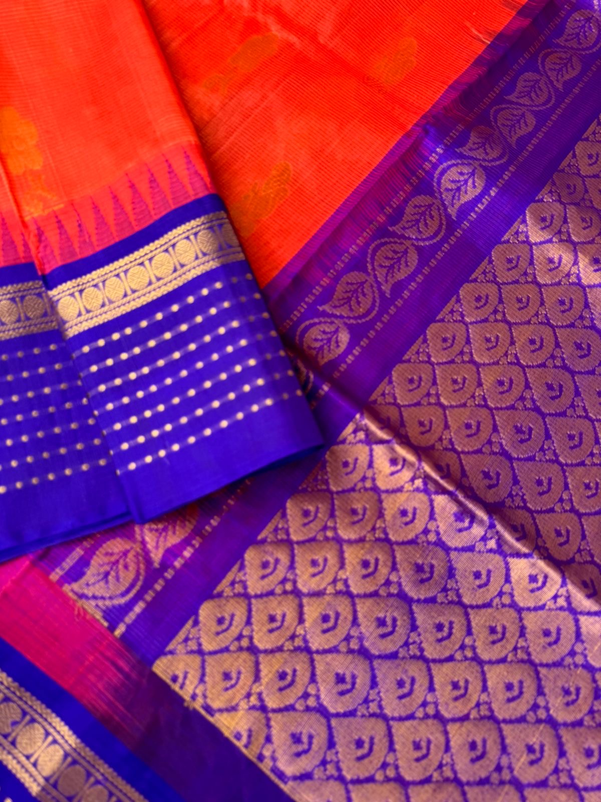 Korvai Silk Cotton - flame orange and blue