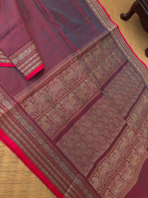 Woven Motifs Silk Cottons - unusual blue mixed red posi kattam with thread woven borders and stunning pallu