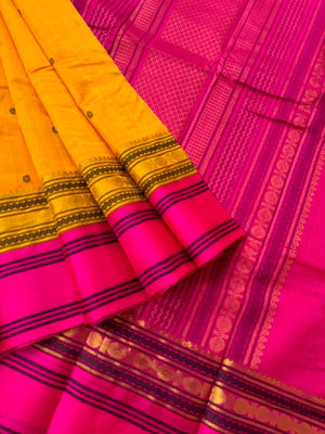 Divyam - Korvai Silk Cotton with Pure Silk Woven Borders - mustard and pink