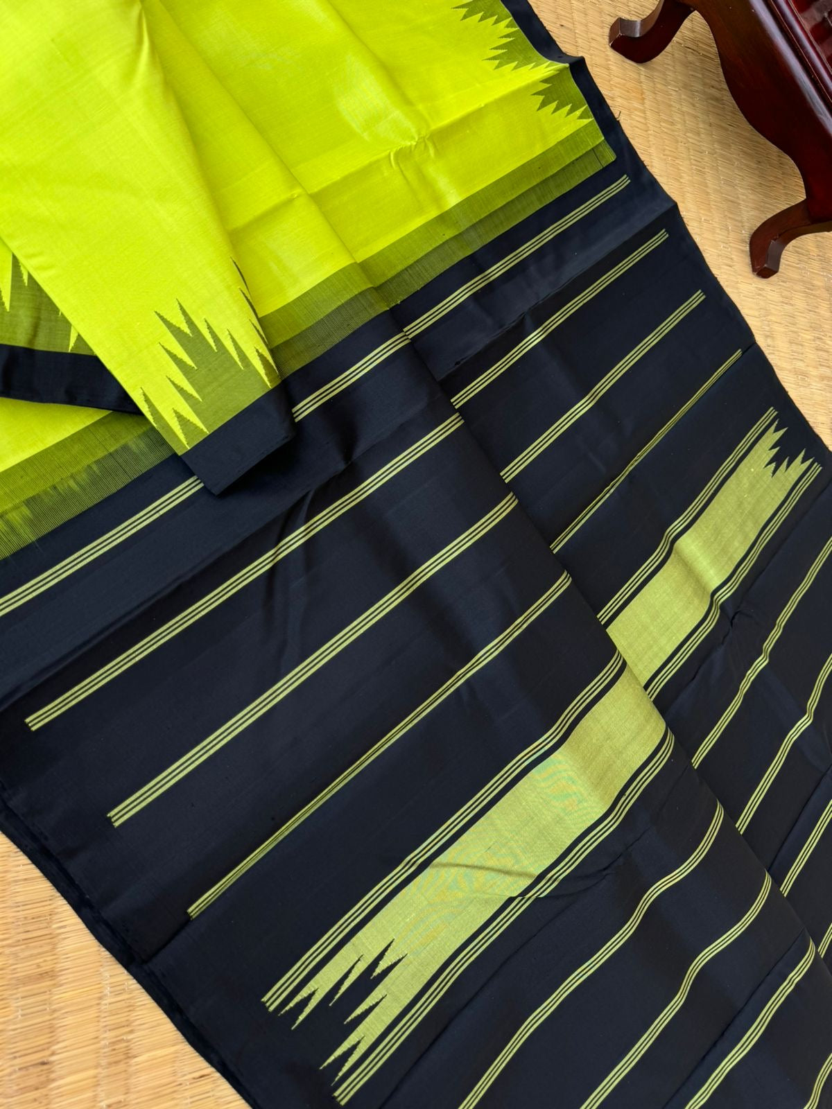 Bliss of Korvai Kanchivaram - fluorescent green and black for peoplewho love small borders