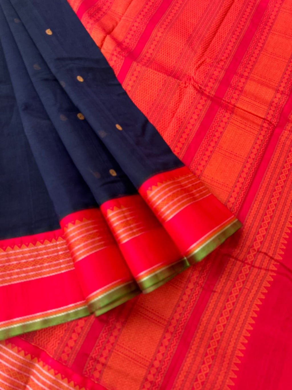 Divyam - Korvai Silk Cotton with Pure Silk Woven Borders - deep navy blue and red