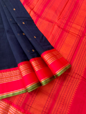 Divyam - Korvai Silk Cotton with Pure Silk Woven Borders - deep navy blue and red