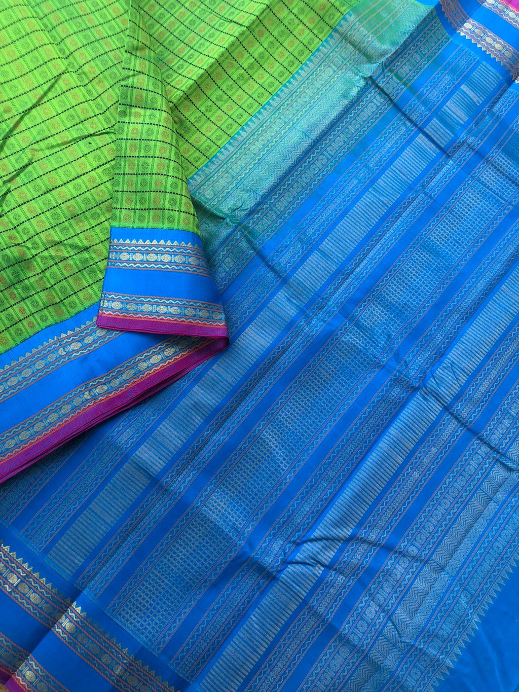 Divyam - Korvai Silk Cotton with Pure Silk Woven Borders - apple green and blue intricate 1000 buttas