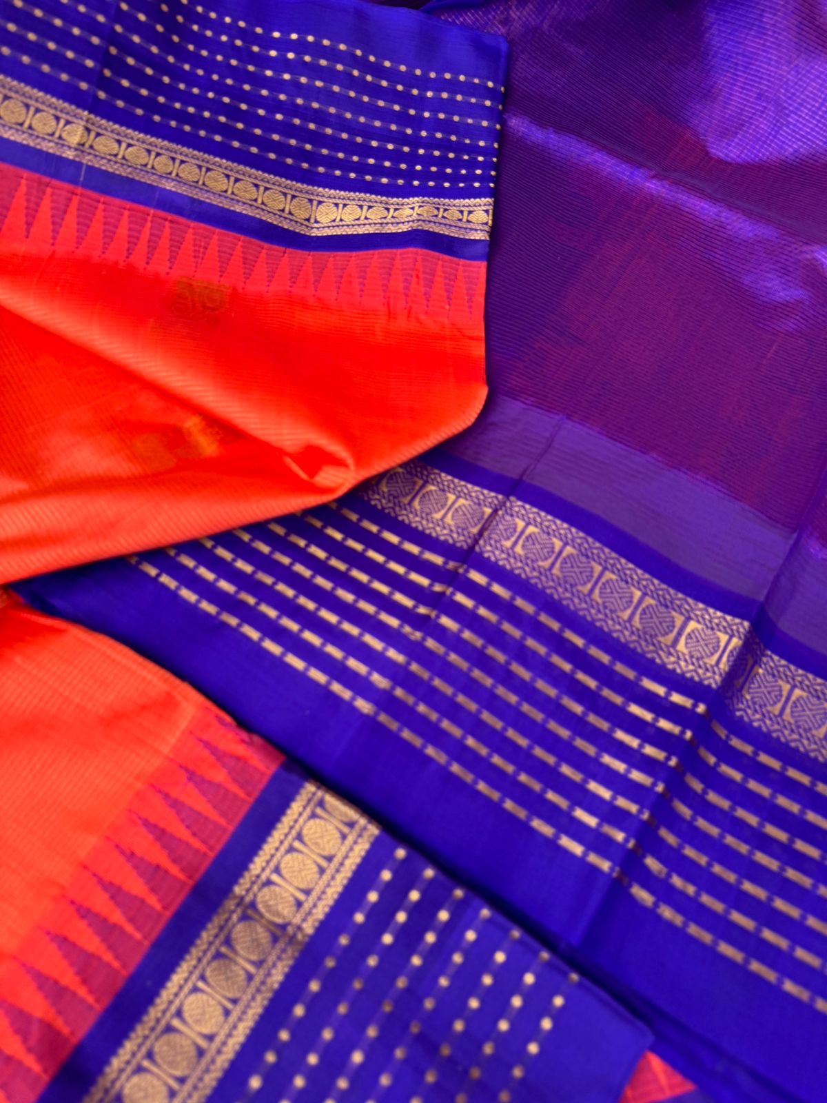 Korvai Silk Cotton - flame orange and blue