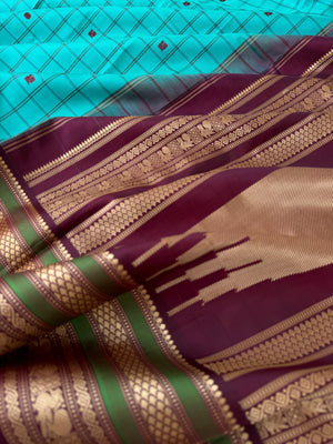 Sahasram - turquoise with chex buttas with burgundy pallu and blouse