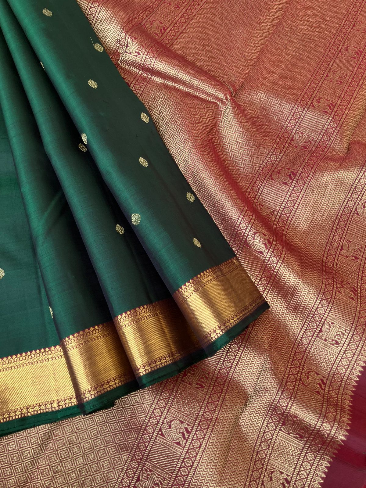 Treasures of Kanchivaram - Solid Gold Zari Woven Border Kanchivarams - the amazing deep dark Meenakshi green and maroon