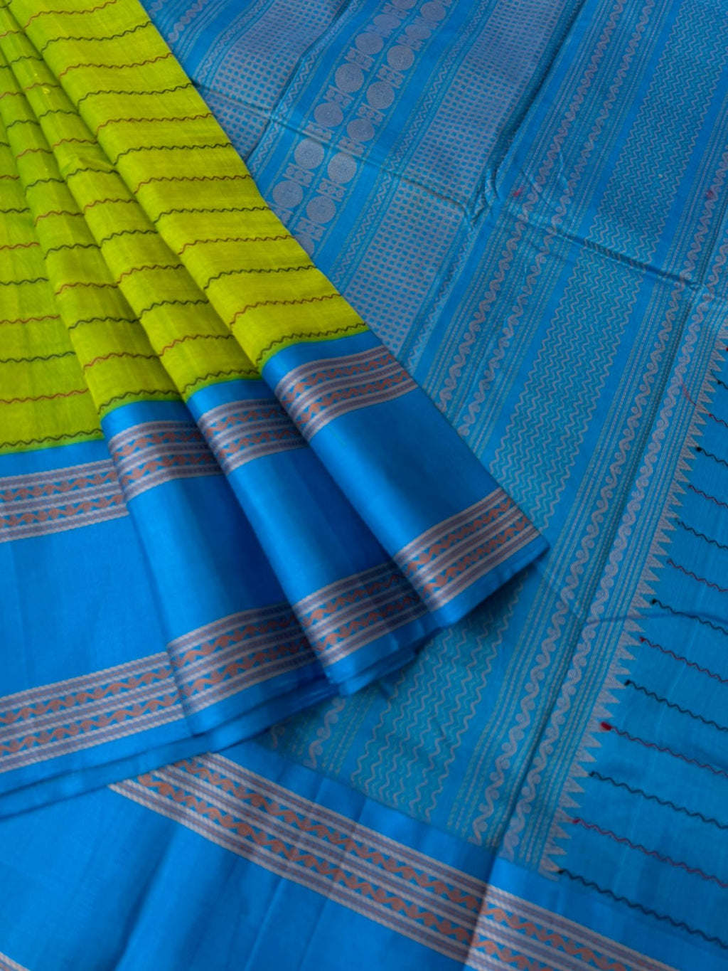 Divyam - Korvai Silk Cotton with Pure Silk Woven Borders - apple green and blue veldhari