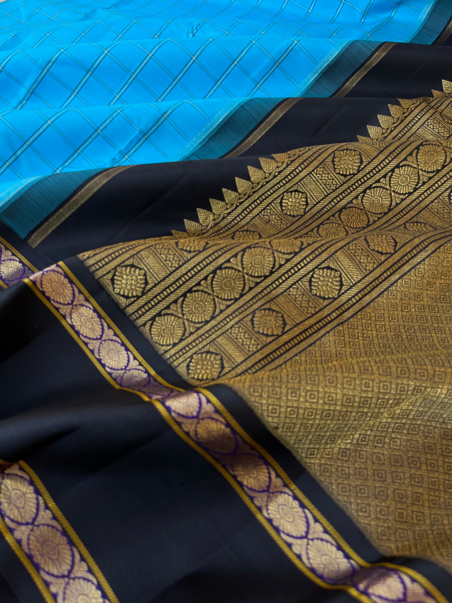 Vintage Ragas on Kanchivaram - amazing anandha blue and black kattam woven body with laddu kamalam woven retta pett borders