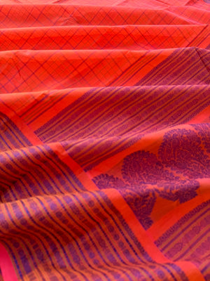 Mangalavastaram - peach orange mixed chex woven body with fish pett woven borders