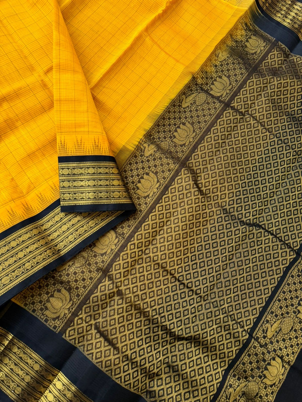 Korvai Silk Cotton - mustard and black zari kattam