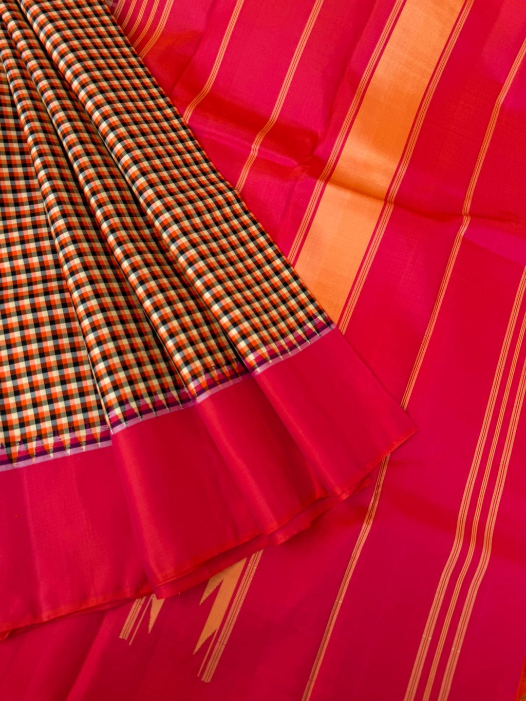 Bliss of Korvai Kanchivaram - orange cream and pink kottadi kattam with orange short pink pallu and blouse