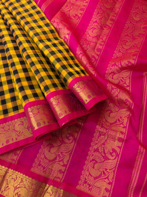 Paalum palamum kattam on Korvai Silk Cotton - mustard and black chex with pink borders and pallu