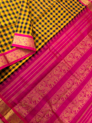 Paalum palamum kattam on Korvai Silk Cotton - mustard and black chex with pink borders and pallu