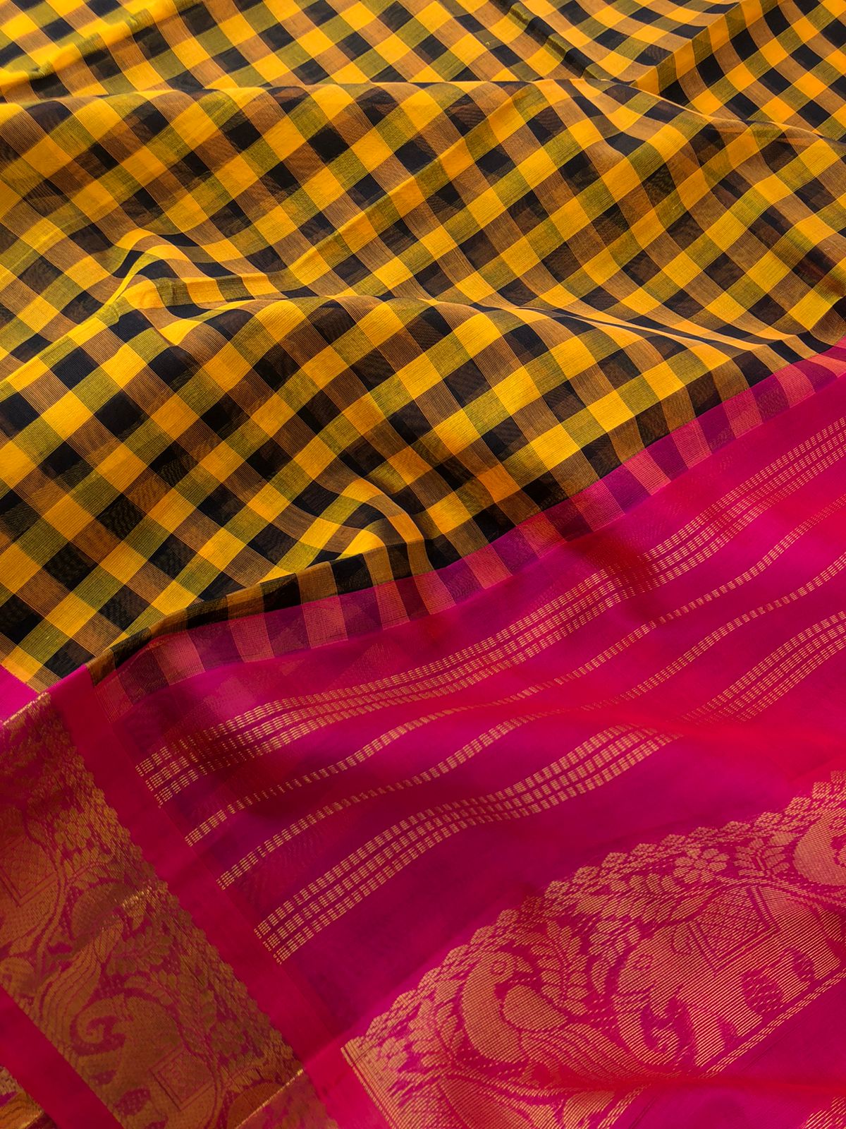 Paalum palamum kattam on Korvai Silk Cotton - mustard and black chex with pink borders and pallu