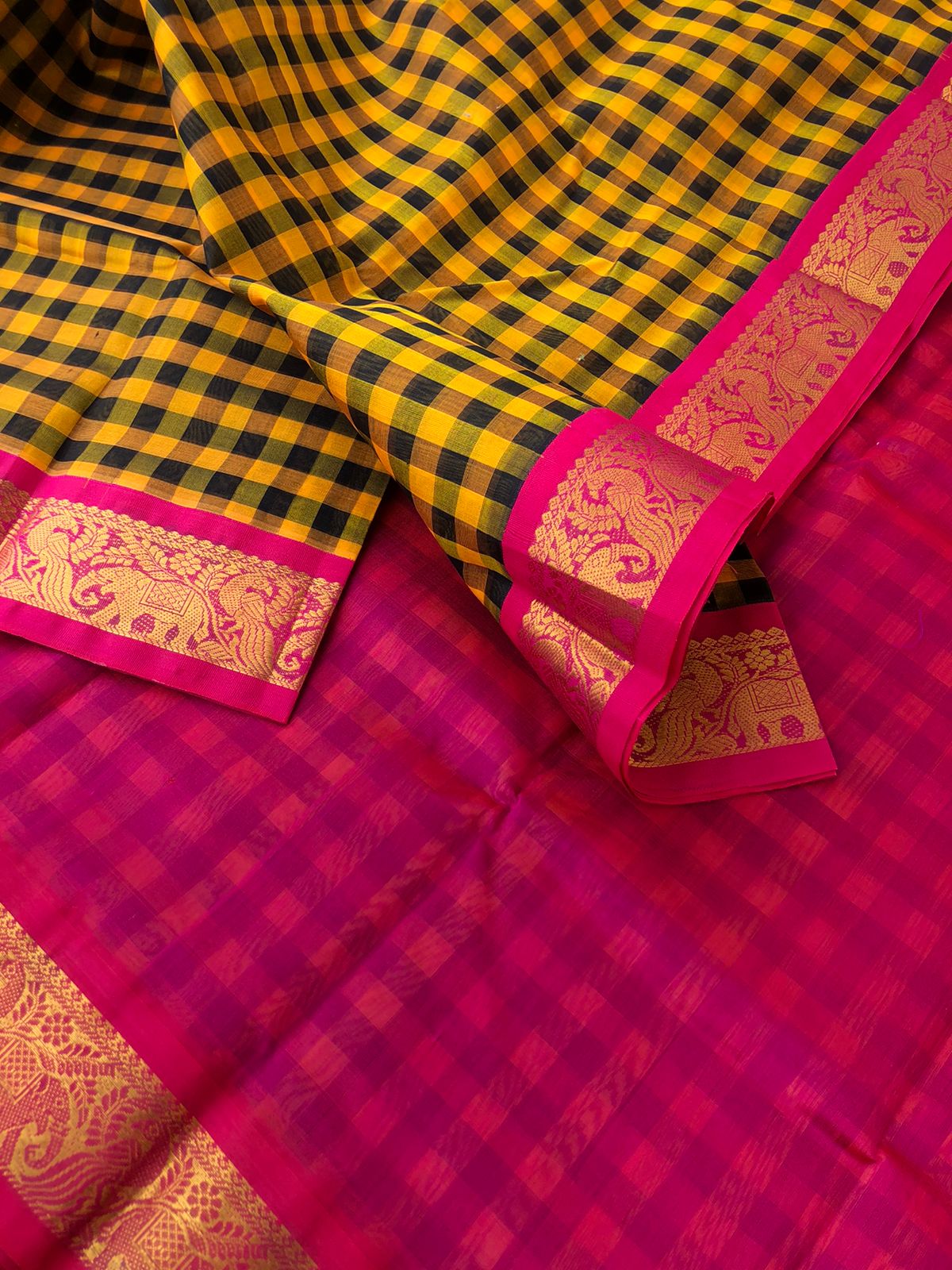 Paalum palamum kattam on Korvai Silk Cotton - mustard and black chex with pink borders and pallu