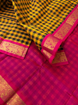 Paalum palamum kattam on Korvai Silk Cotton - mustard and black chex with pink borders and pallu