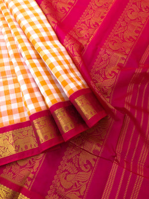 Paalum palamum kattam on Korvai Silk Cotton - off white and orange chexs with pink borders pallu and blouse