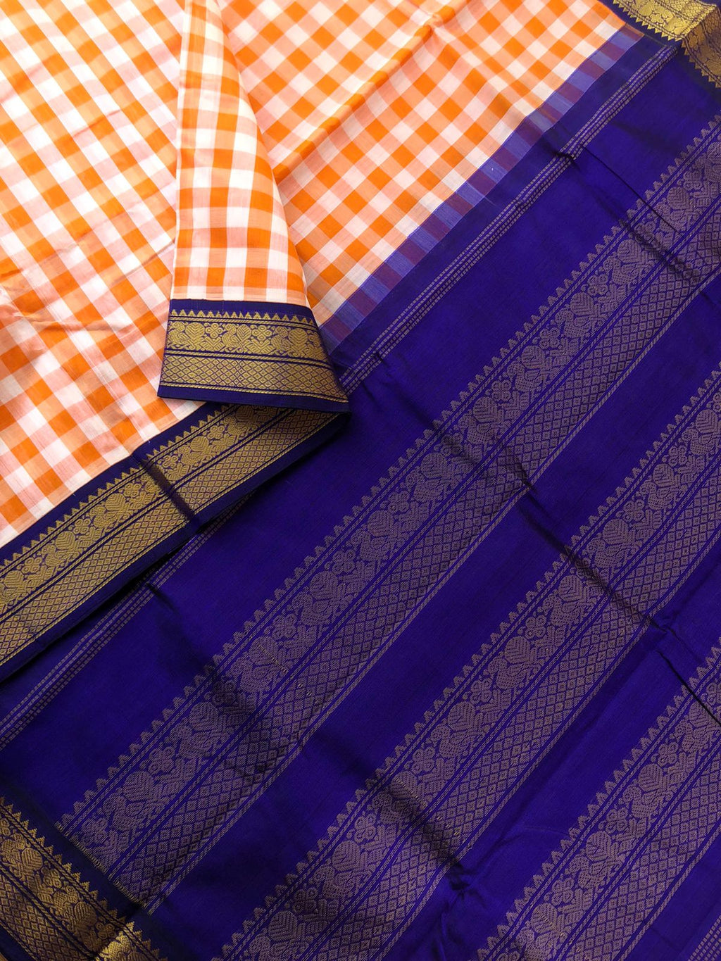 Paalum palamum kattam on Korvai Silk Cotton - off white and orange chex with ink blue borders and pallu