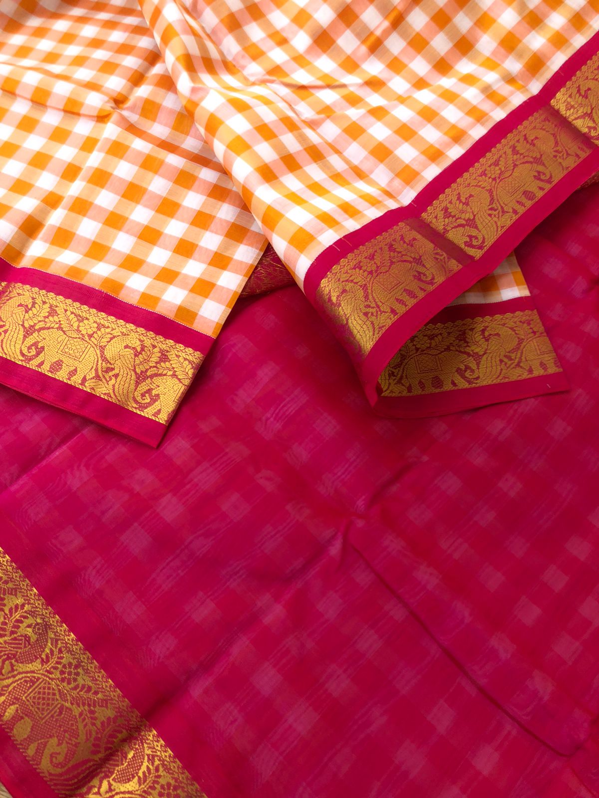 Paalum palamum kattam on Korvai Silk Cotton - off white and orange chexs with pink borders pallu and blouse