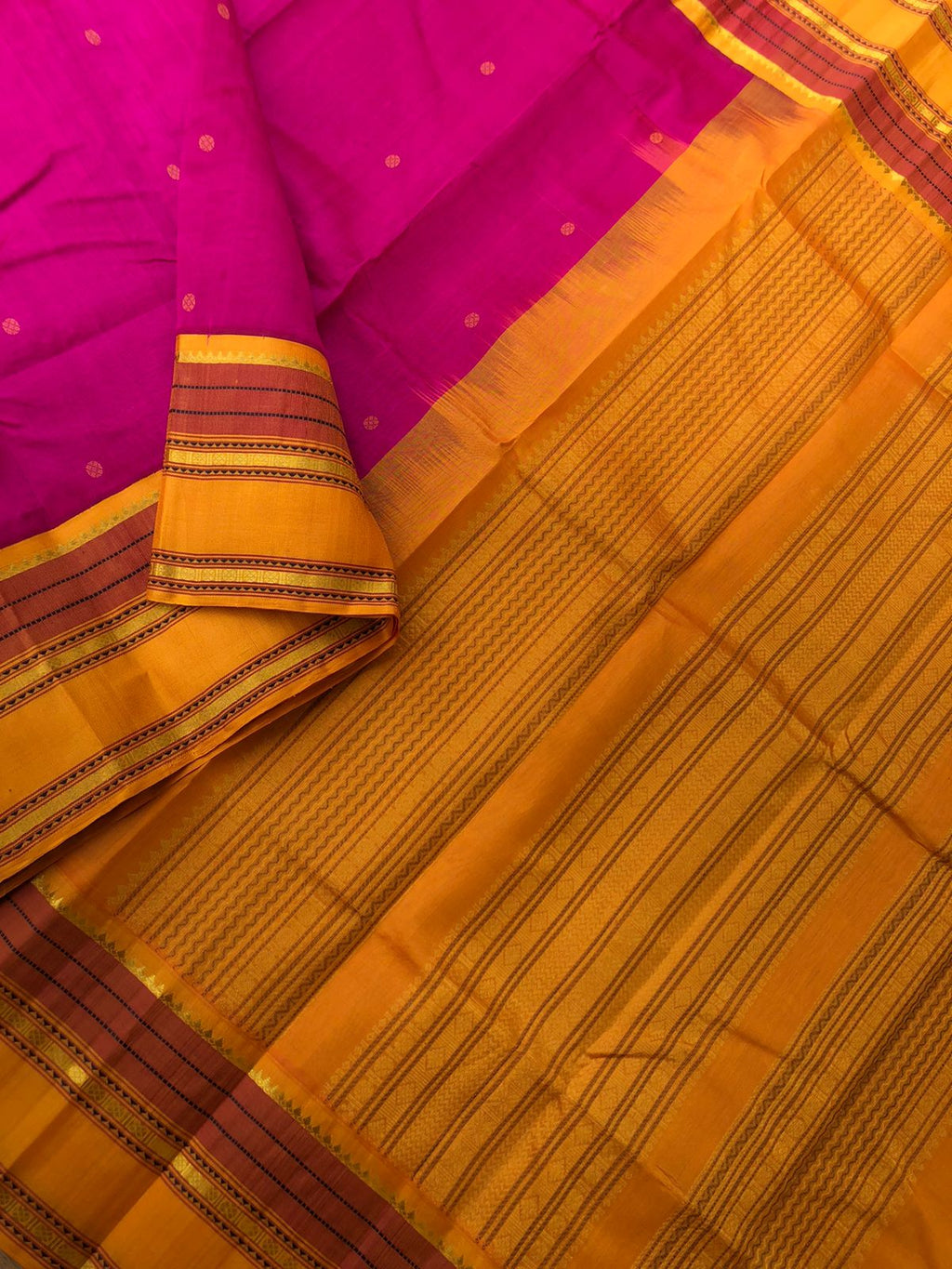 Korvai Silk Cotton with Pure Silk Woven Borders - stunning pink and mustard with moopula borders