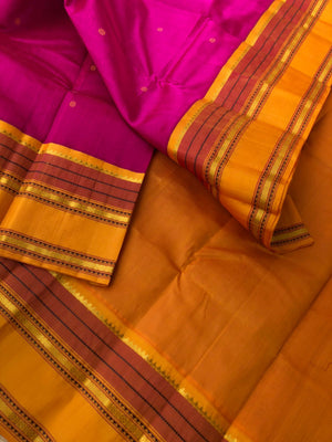 Korvai Silk Cotton with Pure Silk Woven Borders - stunning pink and mustard with moopula borders