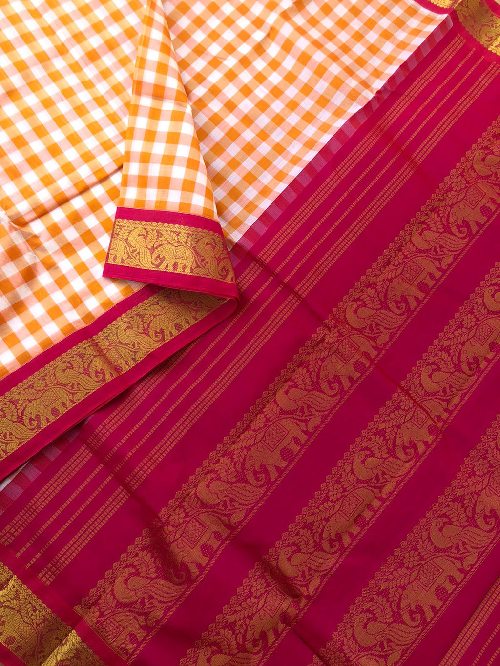 Paalum palamum kattam on Korvai Silk Cotton - off white and orange chexs with pink borders pallu and blouse