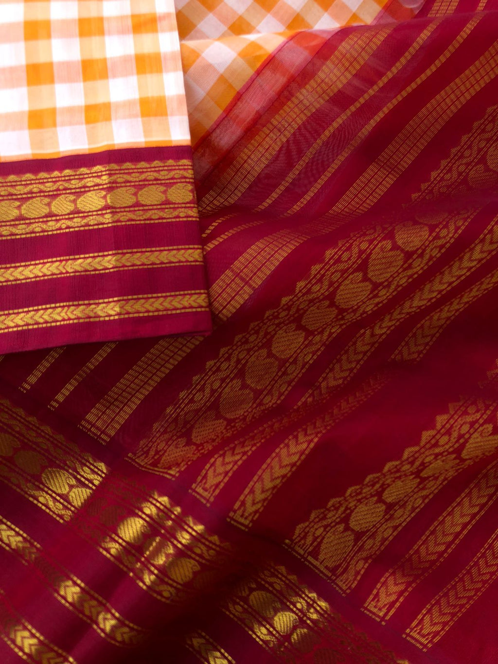 Paalum palamum kattam on Korvai Silk Cotton - off white and orange chex with maroon borders pallu and blouse