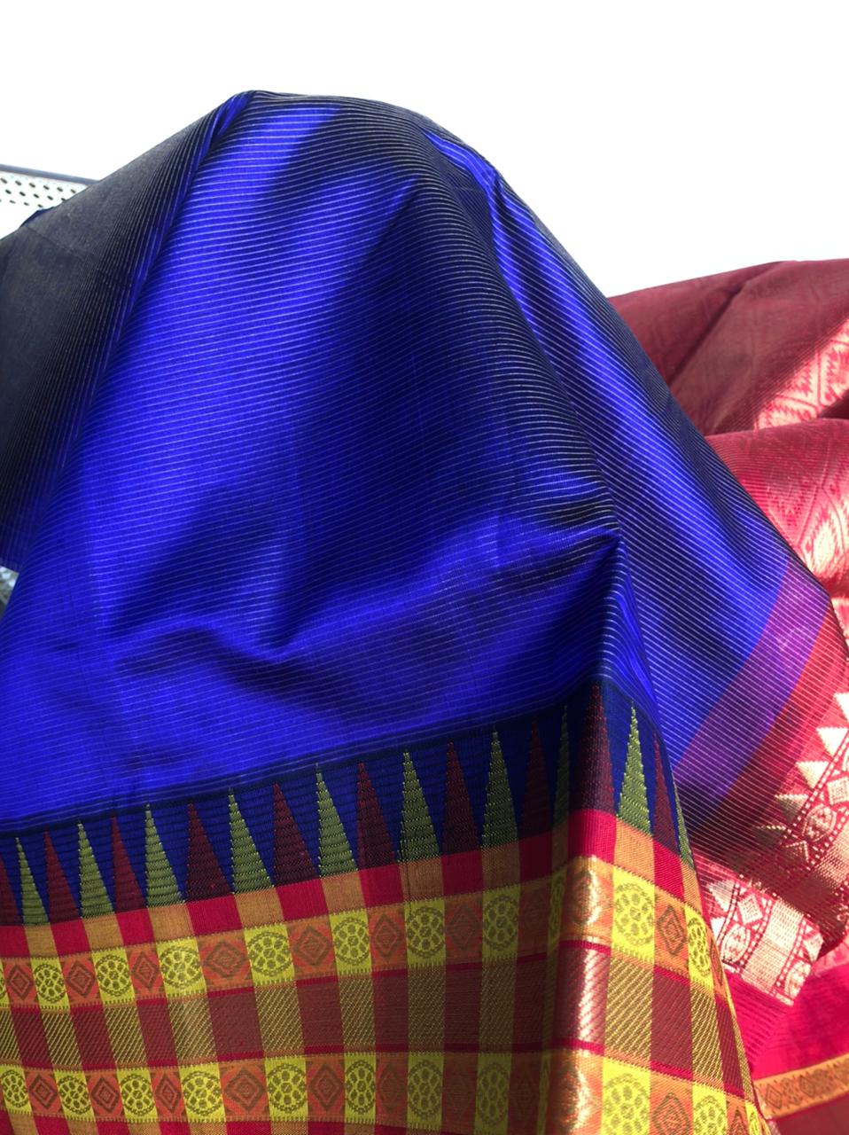 Festive vibes on Korvai Silk Cotton - beautiful best violet blue and red Vairaoosi