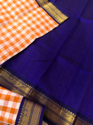 Paalum palamum kattam on Korvai Silk Cotton - off white and orange chex with ink blue borders and pallu