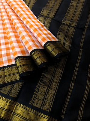 Paalum palamum kattam on Korvai Silk Cotton - off white and orange chexs with black borders pallu and blouse