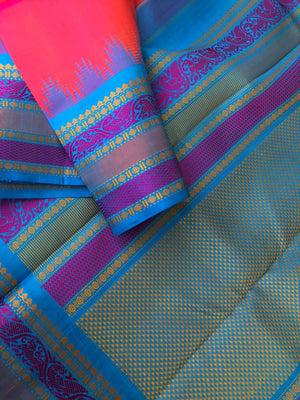 Festive Vibes on No Zari Korvai Kanchivaram - stunning dual tone orange short pink with blue intricate yali and kili woven borders